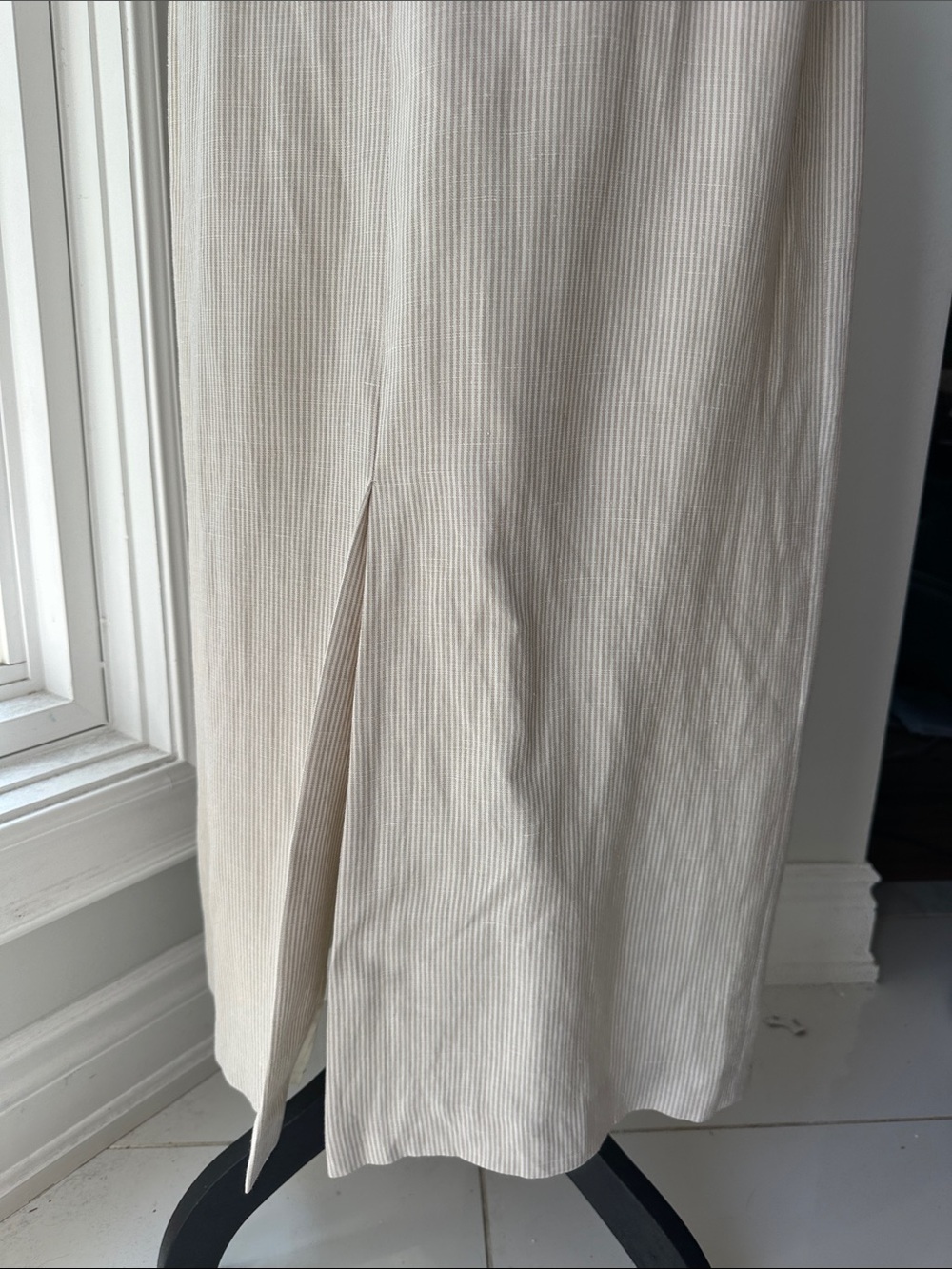 VINTAGE 90s LINEN Classic Cream White Tan Beige Striped Midi Pencil Skirt Medium - Picture 8 of 13
